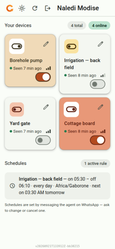 The Chaba app showing a farm's devices — borehole pump, irrigation, yard gate and cottage board — each with a live switch