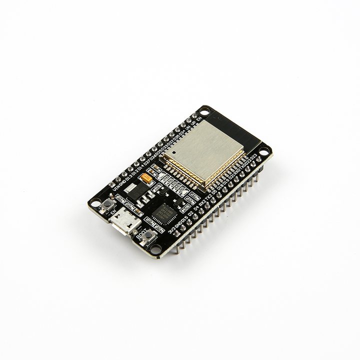 An ESP32 DevKit development board on a white background
